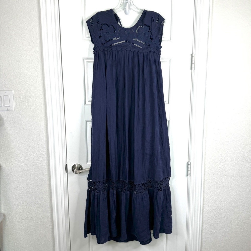 FREE PEOPLE Cutwork Tee Maxi Dress NEW Size XS Evening Eclipse Midnight Blue - Picture 2 of 11